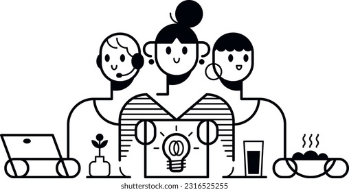 Office colleagues outline illustration, office job with lunch break with coworkers, concept for coworking space and a balance professionnal life
