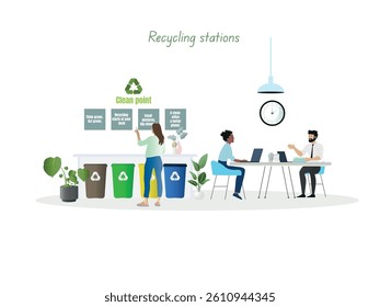 Office colleagues working near recycling bins and promoting environmental awareness by displaying recycling tips