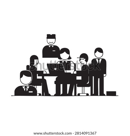 Office colleagues working together on project during team meeting around table with computer technology brainstorming ideas professional consultation corporate environment business discussion teamwork process vector black silhouette style graphic design isolated on white background.