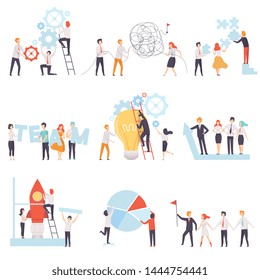 Office Colleagues Working Together Set, Business Team, Teamwork, Cooperation, Partnership Vector Illustration