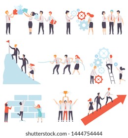 Office Colleagues Working Together Set, Successful Business Team, Teamwork, Cooperation, Partnership Vector Illustration