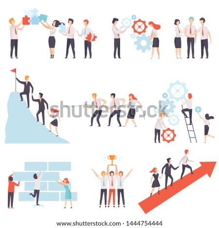 Office Colleagues Working Together Set, Successful Business Team, Teamwork, Cooperation, Partnership Vector Illustration