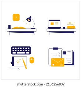 Office color icons set. Workplace with devices. Work atmosphere. Laptop, keyboard. Work concept. Isolated vector illustrations