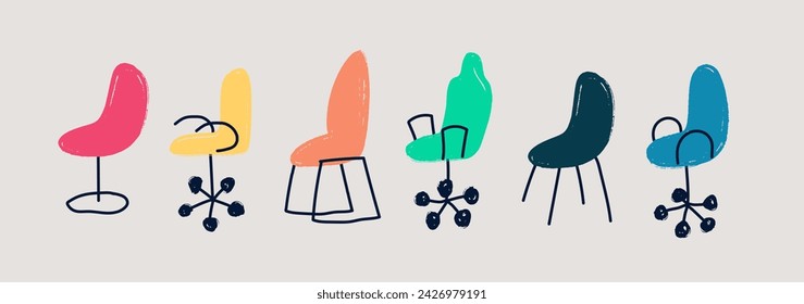 Office colored chairs. Set of children's drawing hand drawn icons.   Collection of vector chairs of different colors and shapes. Cartoon flat illustration. Vector illustrations on white background.