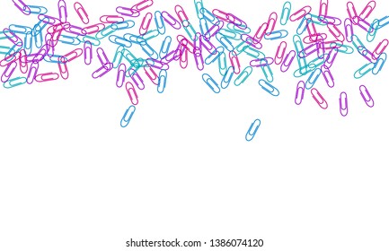 Office colored paper clips isolated on white vector background. Magenta pink, blue, violet paperclips memo note and documents staple attach tools illustration. Plastic paperclips backdrop.