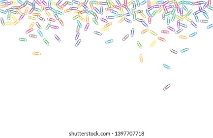 Office colored paper clips isolated on white vector background. Rainbow colors paperclips memo note and documents staple attach tools illustration. Plastic paperclips backdrop.