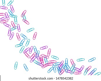 Office colored paper clips isolated on white vector background. Pink, blue, violet paperclips memo note and documents staple attach tools illustration. Plastic paperclips top view.