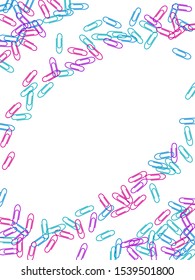 Office colored paper clips isolated on white vector background. Pink, cyan blue, violet paperclips memo note and documents staple attach tools illustration. Plastic paperclips backdrop.