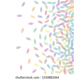 Office colored paper clips isolated on white vector background. Red, blue, green, yellow paperclips memo note and documents staple attach tools illustration. Plastic paperclips pile.