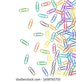 Office colored paper clips isolated on white vector background. Pink red, blue, green, orange paperclips memo note and documents staple attach tools illustration. Plastic paperclips pile.