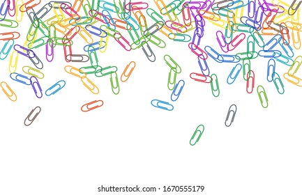 Office colored paper clips isolated on white vector background. Pink red, blue, green, orange paperclips memo note and documents staple attach tools illustration. Simple plastic paperclips.