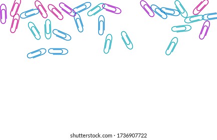 Office colored paper clips isolated on white vector background. Pink, blue, purple paperclips memo note and documents staple attach tools illustration. Plastic paperclips top view.