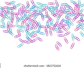 Office colored paper clips isolated on white vector background. Magenta pink, blue cyan, purple paperclips memo note and documents staple attach tools illustration. Simple plastic paperclips.