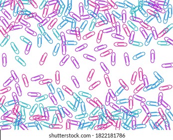 Office colored paper clips isolated on white vector background. Magenta pink, blue, purple paperclips memo note and documents staple attach tools illustration. Plastic paperclips backdrop.