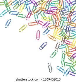 Office colored paper clips isolated on white vector background. Red, blue, green, yellow paperclips memo note and documents staple attach tools illustration. Plastic paperclips top view.