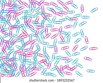 Office colored paper clips isolated on white vector background. Magenta pink, blue cyan, violet paperclips memo note and documents staple attach tools illustration. Plastic paperclips backdrop.