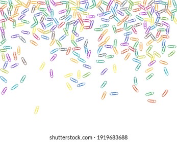 bunte Büroklammern einzeln auf weißem Vektorhintergrund. Rainbow-Farben und Metal-Paperclips Memo-Notiz und Dokumente stapeln Werkzeuge Illustration. Plastische Paperclips, Draufsicht.