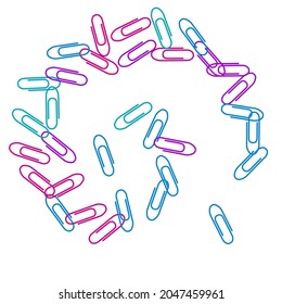 Office colored paper clips isolated on white vector background. Pink, cyan blue, purple paperclips memo note and documents staple attach tools illustration. Plastic paperclips pile.