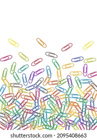 Office colored paper clips isolated on white vector background. Red, blue, green, yellow paperclips memo note and documents staple attach tools illustration. Plastic paperclips backdrop.