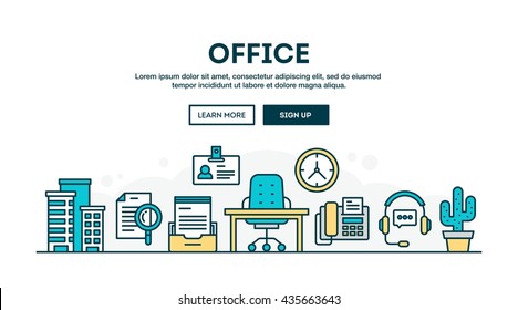 Office, Colorful Concept Header, Flat Design Thin Line Style, Vector Illustration