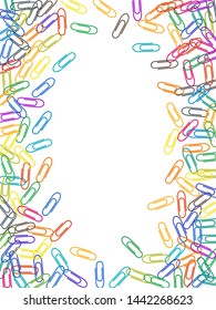 Office colorful paper clips isolated on white vector background. Pink red, blue, green, orange paperclips memo note and documents staple attach tools illustration. Plastic paperclips top view.