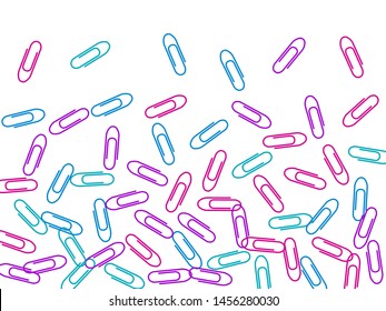 Office colorful paper clips isolated on white vector background. Pink crimson, blue, purple paperclips memo note and documents staple attach tools illustration. Simple plastic paperclips.