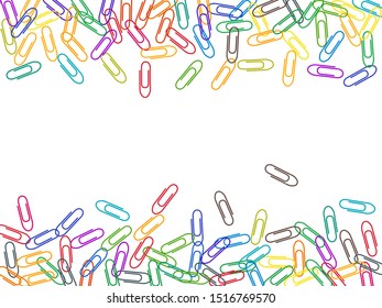 Office colorful paper clips isolated on white vector background. Pink red, blue, green, orange paperclips memo note and documents staple attach tools illustration. Plastic paperclips pile.