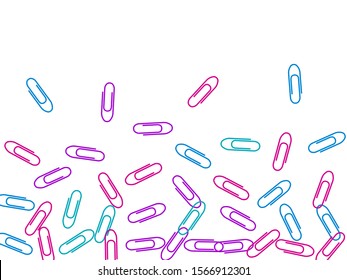 Office colorful paper clips isolated on white vector background. Magenta pink, blue, violet paperclips memo note and documents staple attach tools illustration. Plastic paperclips backdrop.