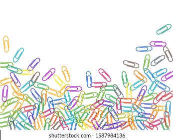 Office colorful paper clips isolated on white vector background. Rainbow colors and metal paperclips memo note and documents staple attach tools illustration. Plastic paperclips backdrop.