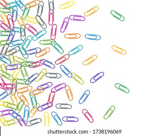 Office colorful paper clips isolated on white vector background. Purple, cyan blue, green, orange paperclips memo note and documents staple attach tools illustration. Plastic paperclips pile.