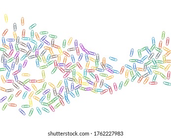 Office colorful paper clips isolated on white vector background. Pink red, blue, green, orange paperclips memo note and documents staple attach tools illustration. Plastic paperclips backdrop.