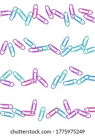 Office colorful paper clips isolated on white vector background. Magenta pink, blue, purple paperclips memo note and documents staple attach tools illustration. Simple plastic paperclips.