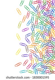 Office colorful paper clips isolated on white vector background. Red, blue, green, yellow paperclips memo note and documents staple attach tools illustration. Plastic paperclips backdrop.