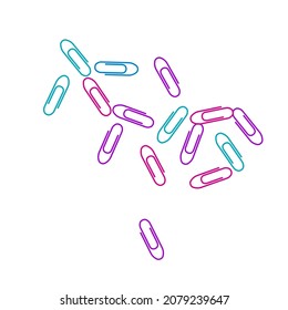 Office colorful paper clips isolated on white vector background. Pink, cyan blue, purple paperclips memo note and documents staple attach tools illustration. Plastic paperclips top view.