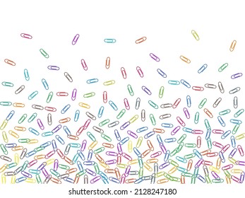 Office colorful paper clips isolated on white vector background. Pink red, blue, green, orange paperclips memo note and documents staple attach tools illustration. Plastic paperclips pile.