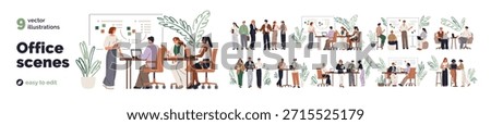 Office communication, collaboration, business teams set. People, colleagues coworking, discussing during meeting. Professional conversations. Flat vector illustrations isolated on white background