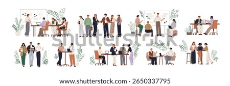 Office communication, collaboration set. Business teams, people, colleagues coworking, discussing during meeting, professional conversations. Flat vector illustrations isolated on white background