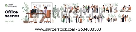 Office communication, collaboration set. Professional conversations of business teams. People, colleagues coworking, discussing during meeting. Flat vector illustrations isolated on white background