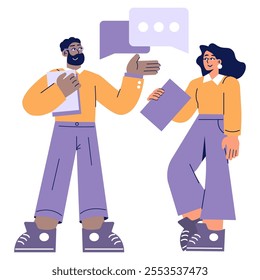 Office communication concept. Colleagues engaging in a constructive conversation, exchanging ideas with a speech bubble. Team collaboration and workplace interaction. Vector illustration.