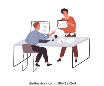 Office communication. Two young male colleagues discussing their business project at the workplace. Flat vector illustration isolated on white background