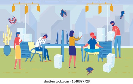 Office and Company Employees Working Hard. People Cartoon Characters Working, Cooperating and Resting, Meditating on Workplace. Modern Lifestyle Haste, Vanity, Busy People. Flat Vector Illustration.