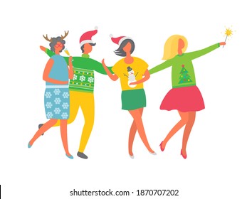 Office company workers at disco entertainment. Female with bengal light. Christmas party, people celebrating New Years eve, reindeer and snowman prints vector