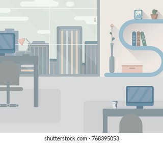 Office of the company. Workflow icon. Workplace. Vacancy in the office concept. View of the big city. Cabinet in a skyscraper. Job vacancy. Empty table. High buildings in the window.