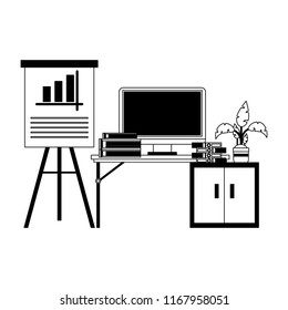 Office with computer in black and white