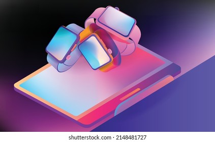 Ordenador de Office y reloj inteligente en color en el espacio. Bandera de vectores