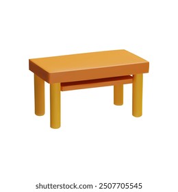 Office or computer desk. Vector 3D illustration depicting a wooden table on an isolated background. Empty rectangular table with round legs and a shelf underneath. Cartoon plastic style.