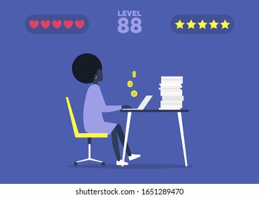 Office computer game, young black female manager successfully passing the mission and earning coins, millennials at work