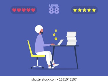Office computer game, young indian male manager successfully passing the mission and earning coins, millennials at work