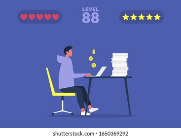 Office computer game, young male manager successfully passing the mission and earning coins, millennials at work