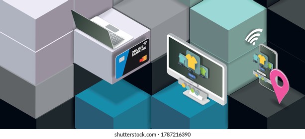 Bürocomputer mit der Schnittstelle einer Online-Bekleidung speichern eine Bankkarte und ein Geo-Gitter von der Karte. Vektorbanner